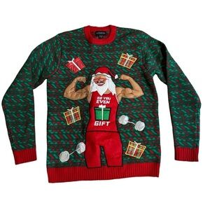 Holiday 3D Ugly Sweater red green white muscle Santa presents long sleeved, S.